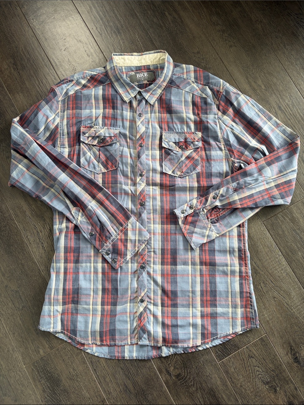 BKE Plaid Button-Down Shirt in Red, Blue & White